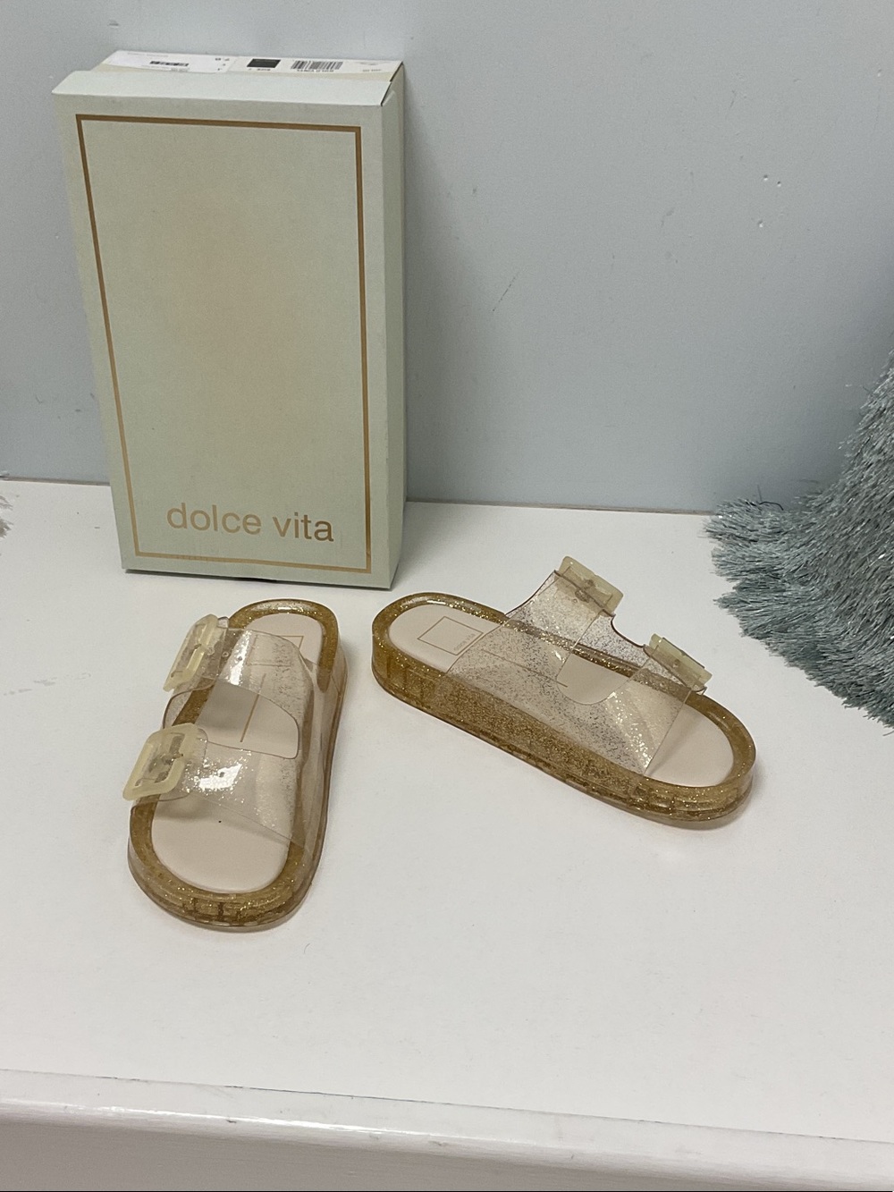 Dolce Vita Julio Clear Glitter Slide Sandals with Gold Accents
